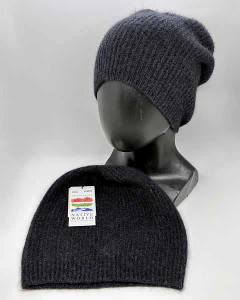 Dark grey knit beanie on a mannequin head with a visible ‘Native World’ brand label against a white background