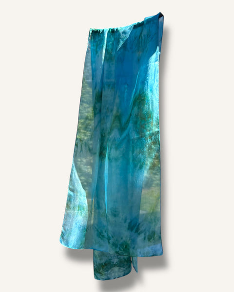 The Fantail House, Aqua, Blue, Hand Dyed, Made in NZ, Hand Made, Silk Scarf, Aotearoa