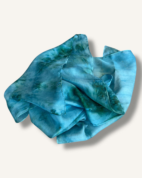 The Fantail House, Aqua, Blue, Hand Dyed, Made in NZ, Hand Made, Silk Scarf, Aotearoa