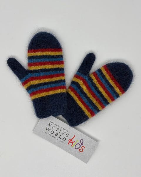 Pair of striped mittens with a Native World Kids tag on a white background