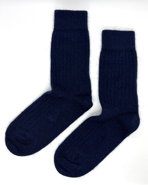Pair of dark blue socks on a white background