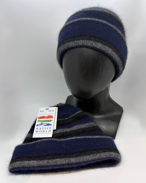 Navy and gray striped beanie on a mannequin head with a 'Native World' tag.