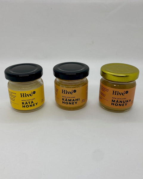 3 jars of New Zealand honey from three different native trees