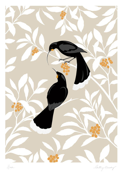 A stylised vertical art print featuring two huia birds perched among white leafy branches with small orange berry clusters on a warm beige background with a white border