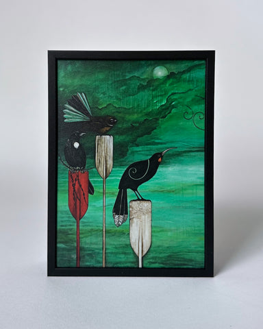 The Fantail House, Made in New Zealand, Kathryn Furniss, Night, Watchers, Tui, Birds, Art, Print, Box, Frame