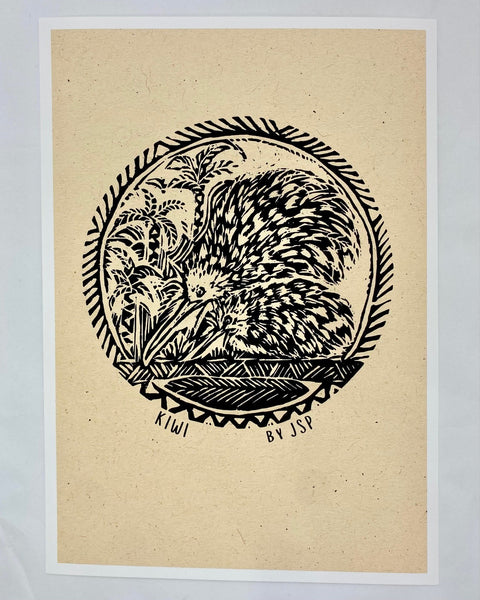A black illustration of two kiwi birds n beige art paper.
