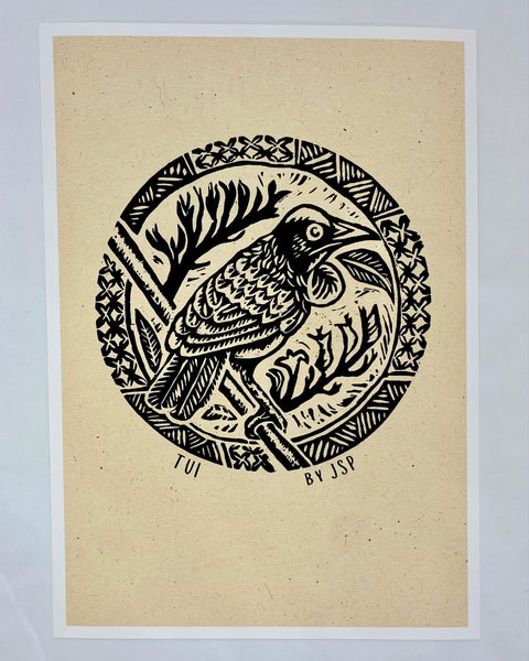 Stylised illustration of a Tui bird on a branch on beige art paper.