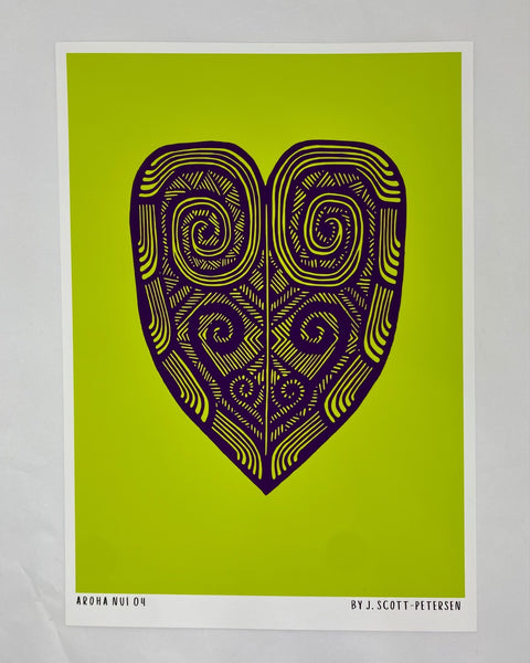 Heart-shaped illustration with spiral patterns on Green art paper