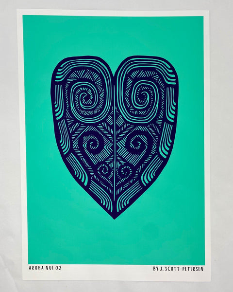 Heart-shaped design with spiral patterns on a teal art paper, credited to J. Scott-Petersen.