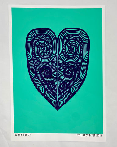 Heart-shaped design with spiral patterns on a teal art paper, credited to J. Scott-Petersen.