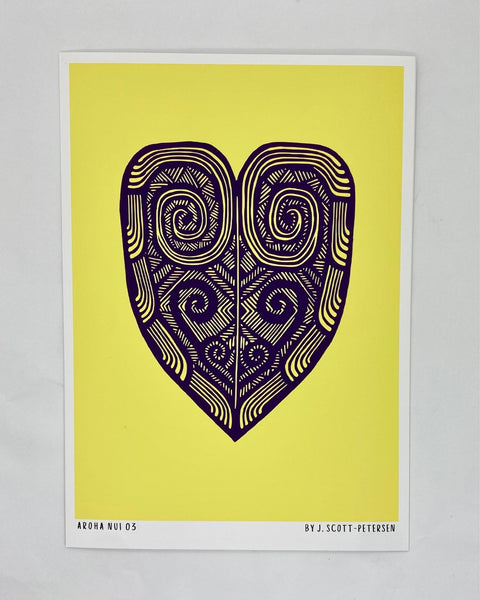 Heart-shaped illustration with spiral designs on yellow art paper