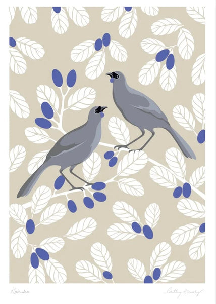 A vertical art print featuring two kōkako birds perched on branches with white leaves and blue berries on a beige background with a white border.