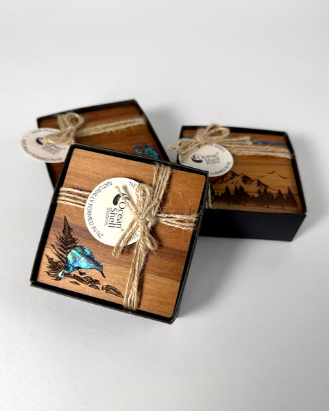 The Fantail House, Rimu, Paua, Native wood, Made in NZ, Coasters