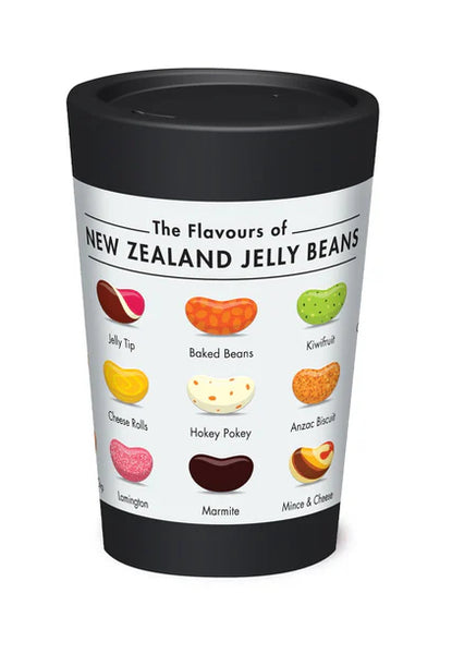 insulated cup with New Zealand jelly bean flavors on a white background