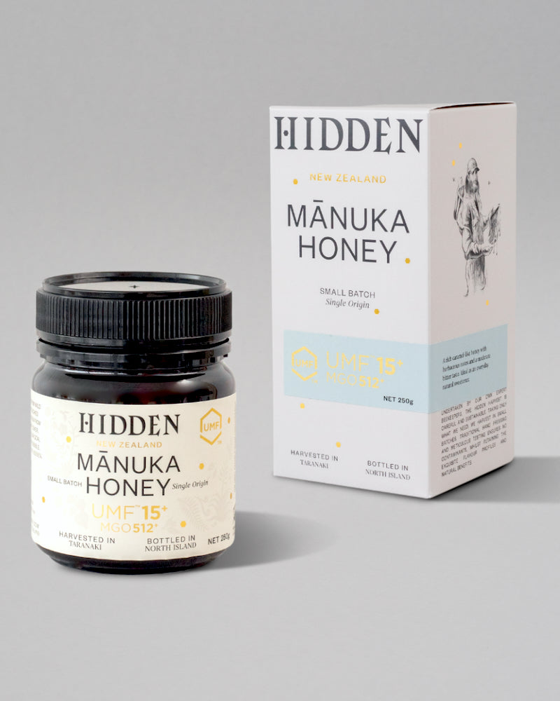 A 250g jar of small batch, single origin Manuka Honey with UMF 15+ and MGO 514+ Ratings by Hidden Honey