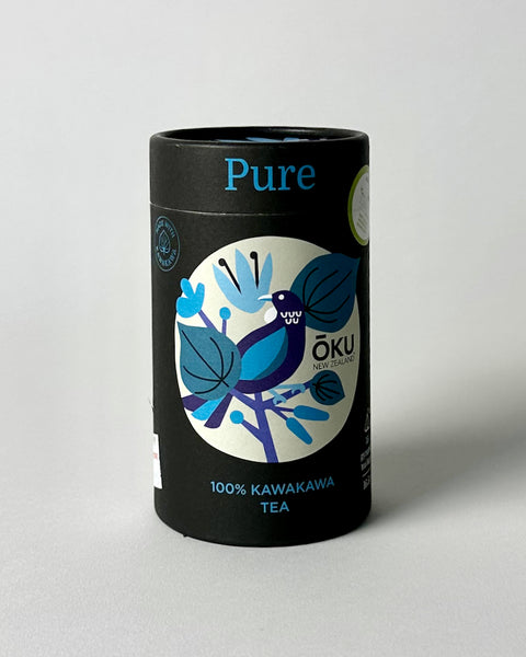 A package of OKU Pure Kawakawa Tea with a bird and leaves design on the label, indicating 100% Kawakawa tea and 15 tea bags.