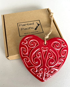 Ceramic Red Heart decoration in a gift box with traditional Maori Kowhaiwhai design and twine loop for hanging. Made in Aotearoa New Zealand by Painted Pacific Pottery.