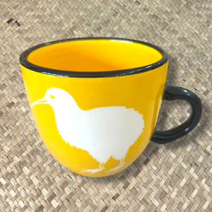 NZ bird mugs, Colour, Green, Kiwi, Fantail, Pukeko, Painted Pacific Pottery, Made in NZ, Coffee Cup, Tea Cup, The Fantail House