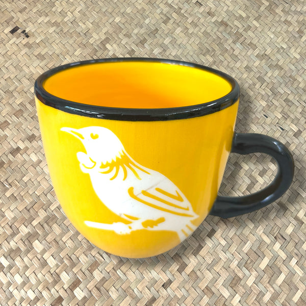 NZ bird mugs, Colour, Green, Kiwi, Fantail, Pukeko, Painted Pacific Pottery, Made in NZ, Coffee Cup, Tea Cup, The Fantail House