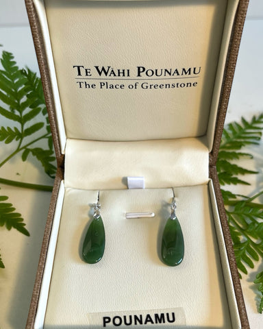 New Zealand Greenstone Roimata (Teardrop) Earrings with Sterling Silver hook, in a brown woven-style jewellery box