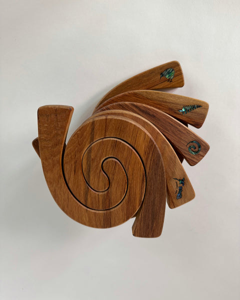 The Fantail House, Romeyn, Made in NZ, Rimu, Table, Mat, Trivet, Paua, Shell, Koru design