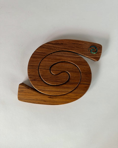 The Fantail House, Romeyn, Made in NZ, Rimu, Table, Mat, Trivet, Paua, Shell, Koru design, koru