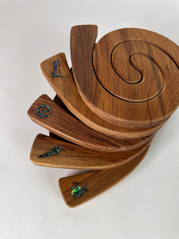 The Fantail House, Romeyn, Made in NZ, Rimu, Table, Mat, Trivet, Paua, Shell, Koru design