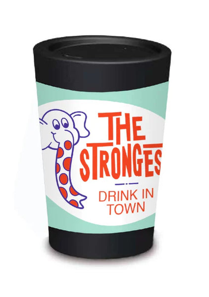 Tumbler with 'The Strongest Drink in Town' text and cartoon character on a white background