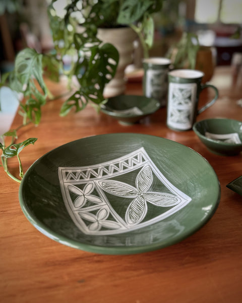 The Fantail House, New Zealand  Made, Pip Gray, Hand-painted ceramics, Tapa, design, Green