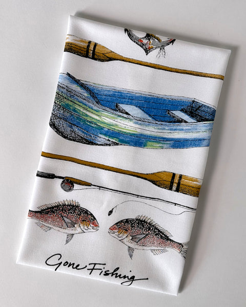 The fantail house, kiwiana, fishing, tea, towel, printed in NZ