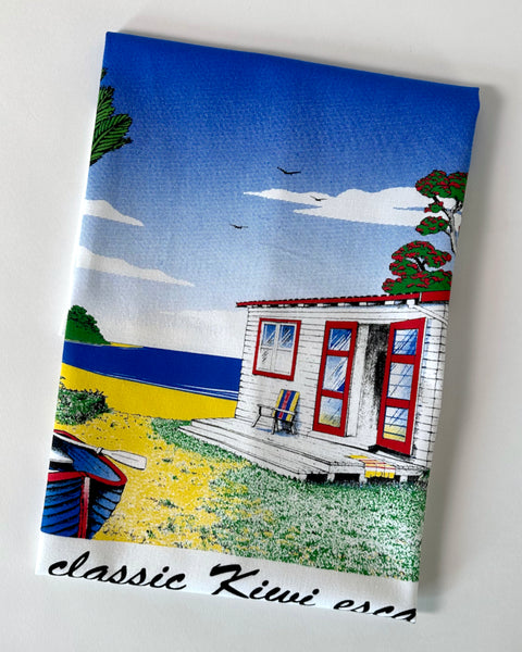 The fantail house, kiwiana, kiwi, bach, tea, towel, printed in NZ