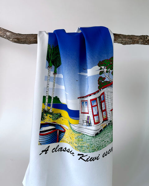 The fantail house, kiwiana, kiwi, bach, tea, towel, printed in NZ