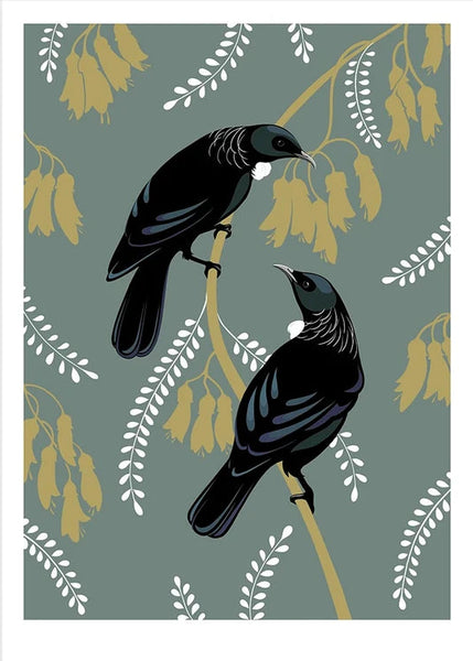 A vertical art print featuring two tūī birds perched on branches against a muted sage green background with repeating white and mustard floral motifs. The print has a wide white border.