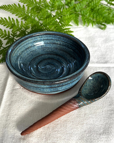 Handcrafted ceramic salt bowl with matching spoon in a beautiful blue ocean glaze by Michelle Bow Design, New Zealand