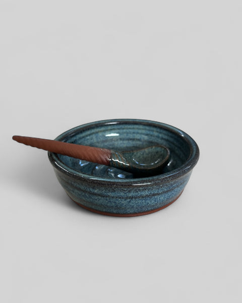 Handcrafted ceramic salt bowl with matching spoon in a beautiful blue ocean glaze by Michelle Bow Design, New Zealand