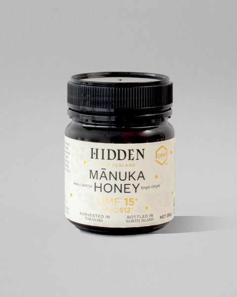 A 250g jar of 'small batch, single origin' Manuka Honey with UMF 15+ and MGO 514+ Ratings by Hidden Honey
