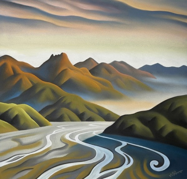 Painting of a mountain landscape with a winding river and colorful sky.