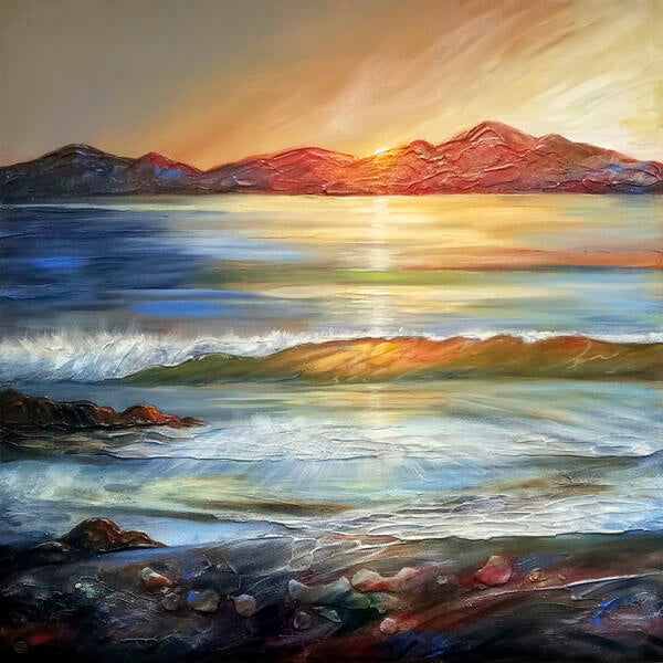 Painting of a sunset over a mountain range with a beach and rocks in the foreground.