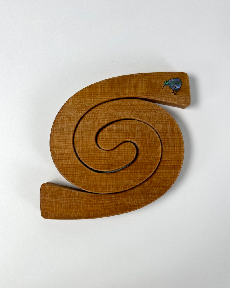 The Fantail House, Romeyn, Made in NZ, Kauri, Table, Mat, Paua, Shell, Koru design, kiwi