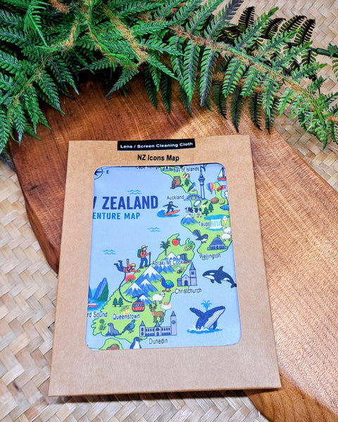 A lens cleaning cloth featuring a colourful New Zealand Adventure Map illustration. 

Cloth dimensions: 14.5cm x 14cm