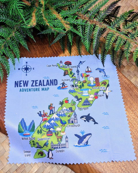 A lens cleaning cloth featuring a colourful New Zealand Adventure Map illustration. 

Cloth dimensions: 14.5cm x 14cm