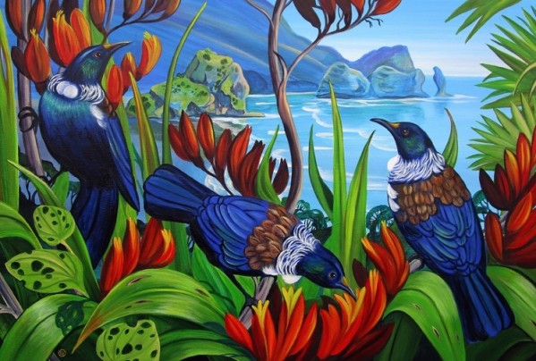 Colorful painting of birds and flowers with a scenic background
