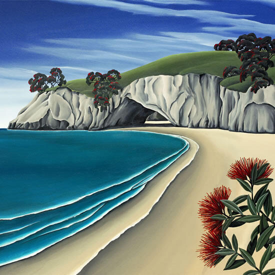 Beach scene with cliffs, ocean waves, and red flowers.