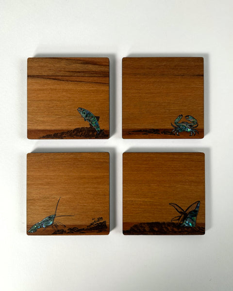 The Fantail House, Rimu, Paua, Made in NZ, Coasters