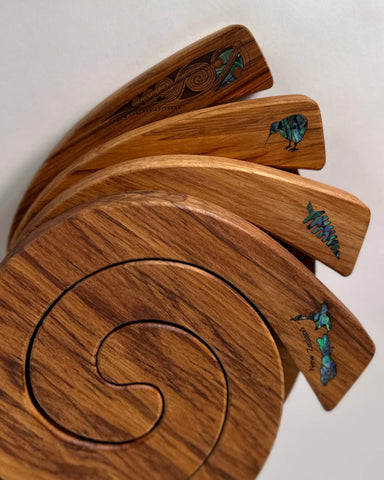 The Fantail House, Romeyn, Made in NZ, Rimu, Table, Mat, Paua, Shell, Koru design