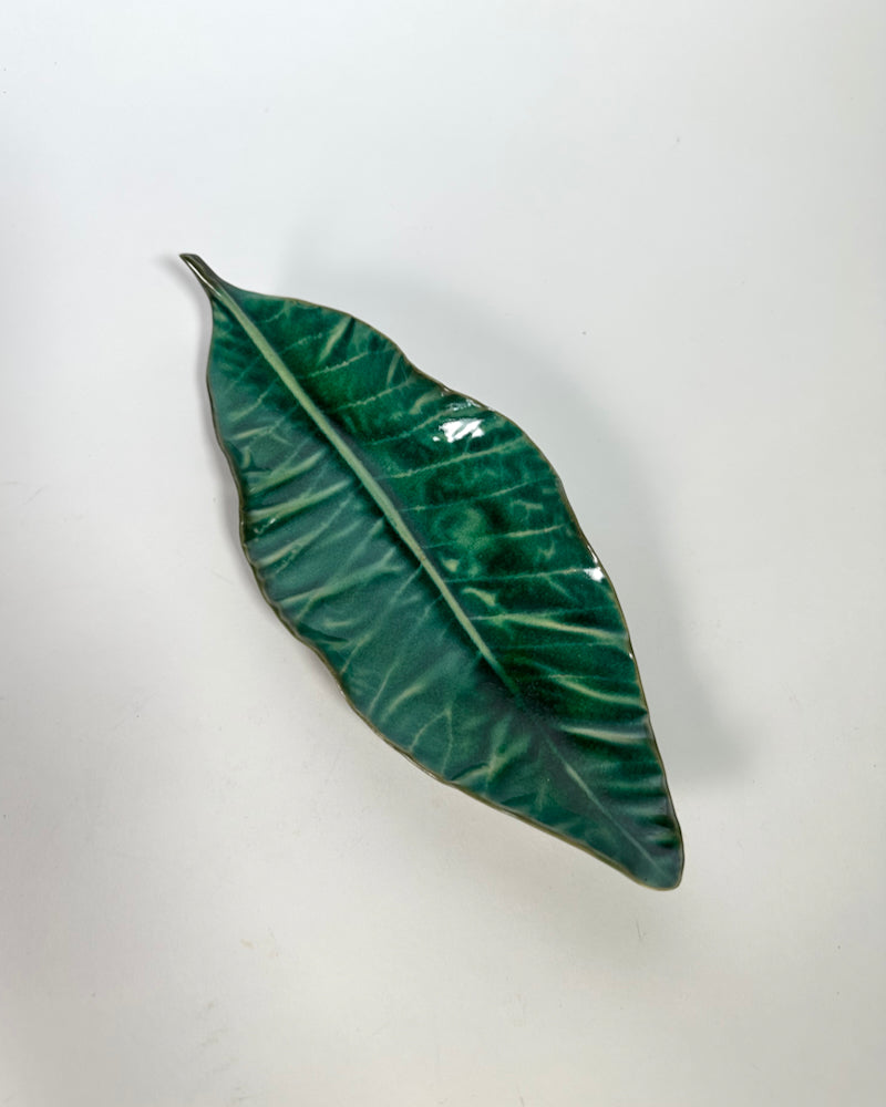 Large dark green ceramic tree leaf serving plate, made from a cast of a real leaf. Made in New Zealand by Muddy Fingers Pottery.