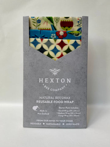 A 3 pack of NZ made reusable Beeswax food wraps in various colourful NZ flora and Fauna prints