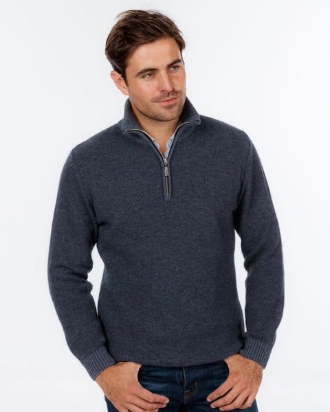 Native World, Possum Merino, Sky, The Fantail House, NZ made, Men's textured half zip sweater