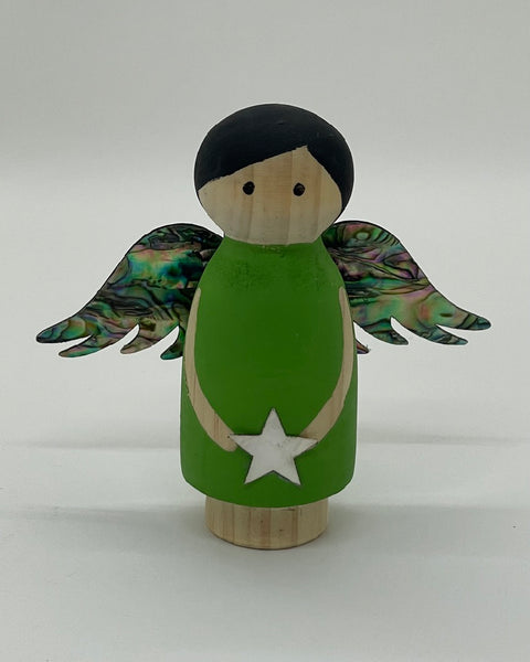 Wooden Angel, Christmas Decoration, Made in NZ, The Fantail House, Ocean Shell, Paua