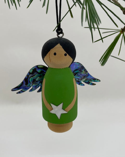 Wooden Angel, Christmas Decoration, Made in NZ, The Fantail House, Ocean Shell, Paua